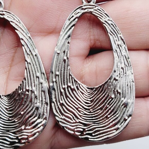 Teardrop Shaped Earrings Drop Dangle Silver Tone Textured Bumpy Modern Timeless - Picture 2 of 5